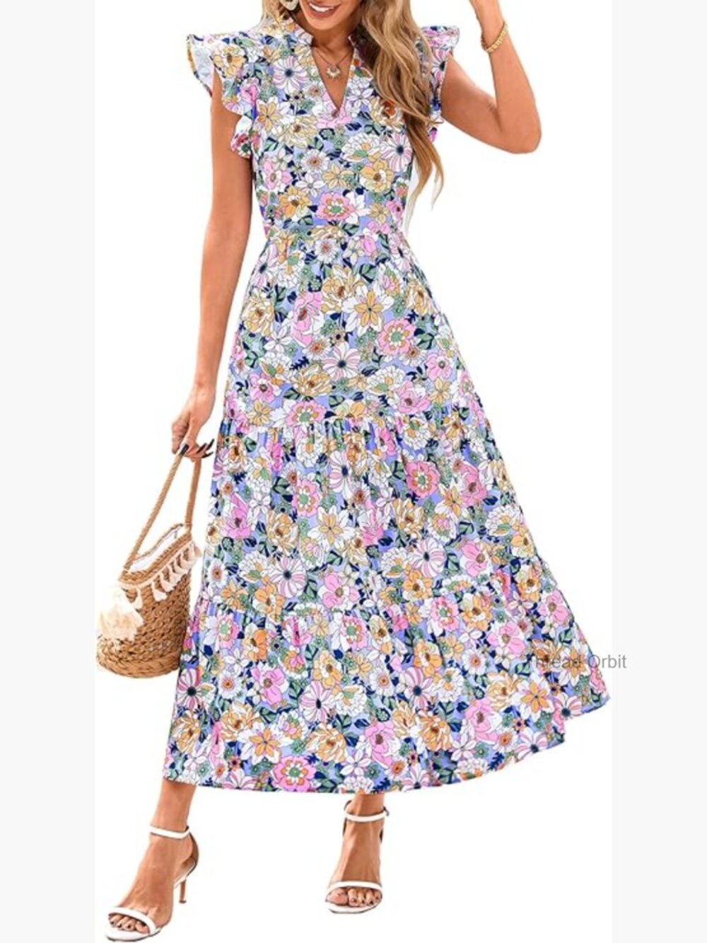 Floral Midi Dress with Cap Sleeves V-Neck Ruffle Boho Summer Vacation